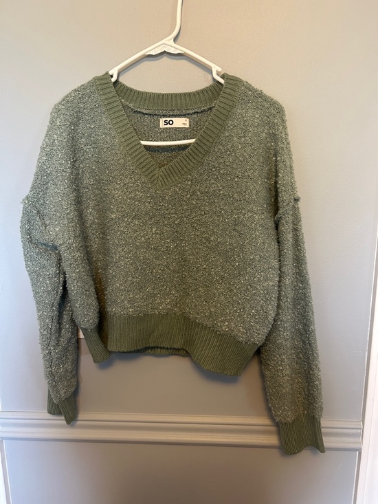 SO Sweaters - SO Olive Green V-Neck Bouclé Sweater